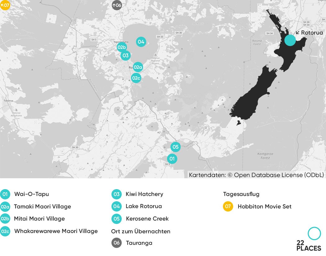Unser Karte von den Highlights in und der Lage von Rotorua