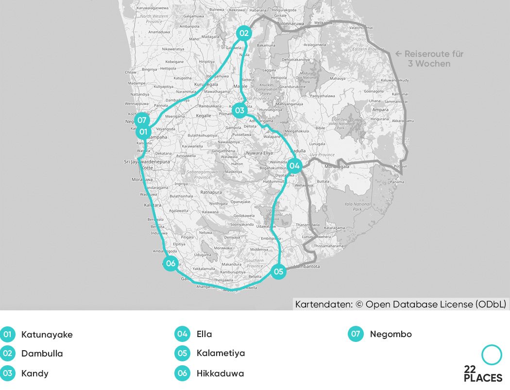 Unsere Route für 2 Wochen Rundreise in Sri Lanka auf einer Karte