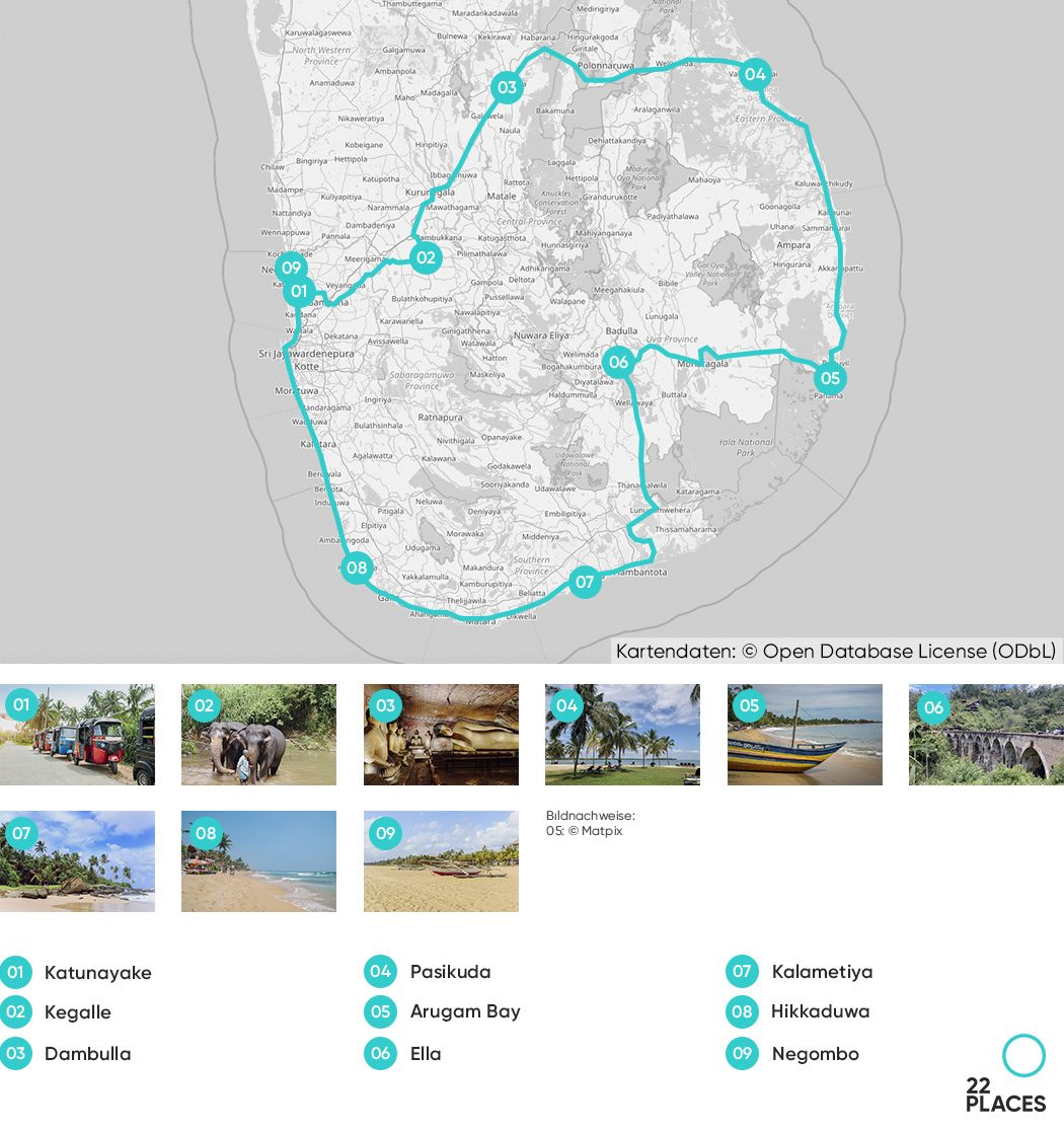 Unsere Route für 3 Wochen Rundreise in Sri Lanka auf einer Karte