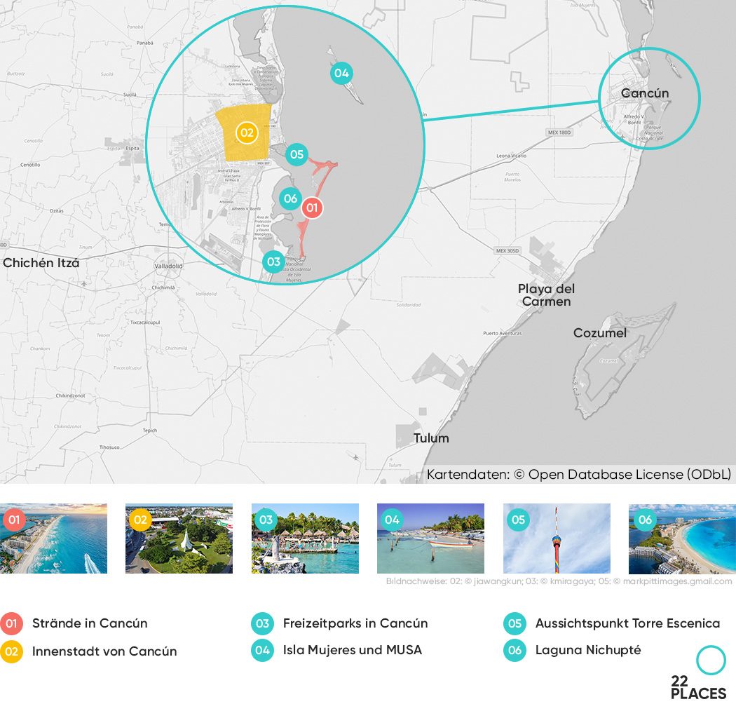 Unsere Karte mit den schönsten Sehenswürdigkeiten in Cancún