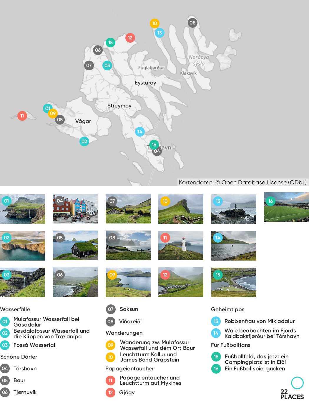 Eine Karte mit den 16 schönsten Sehenswürdigkeiten der Färöer Inseln