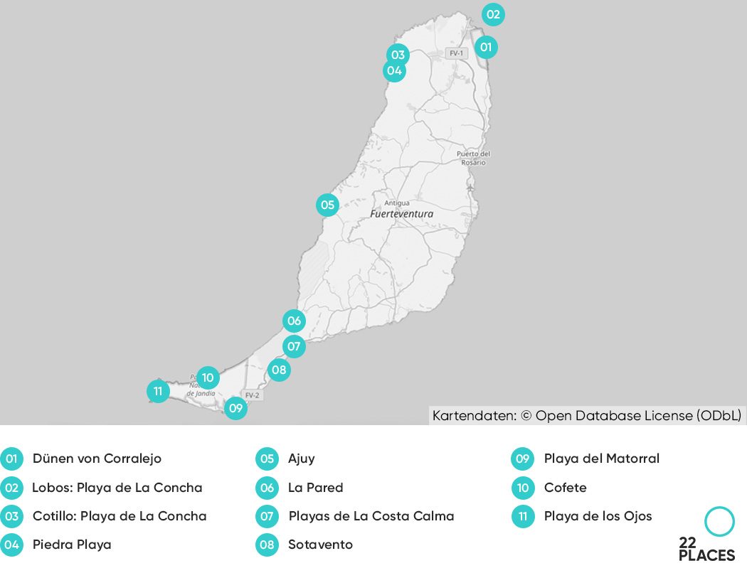 Karte unserer liebsten 11 Strände auf Fuerteventura