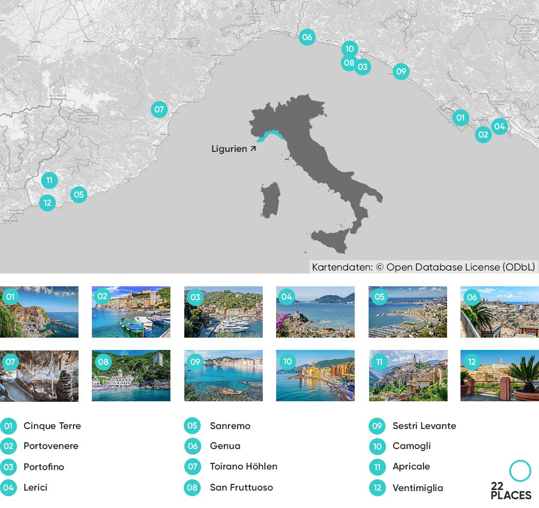 Karte von Italien, auf der Ligurien farblich markiert ist und nummerierte Sehenswürdigkeiten in Ligurien
