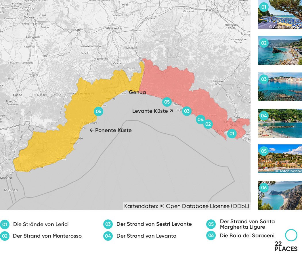 Karte von Ligurien mit farblich markierter Ponente und Levante Küste und eingezeichneten Stränden