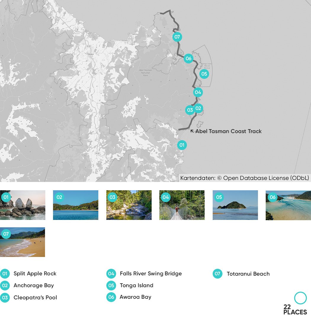 Sehenswürdigkeiten im Abel Tasman Nationalpark auf der Karte