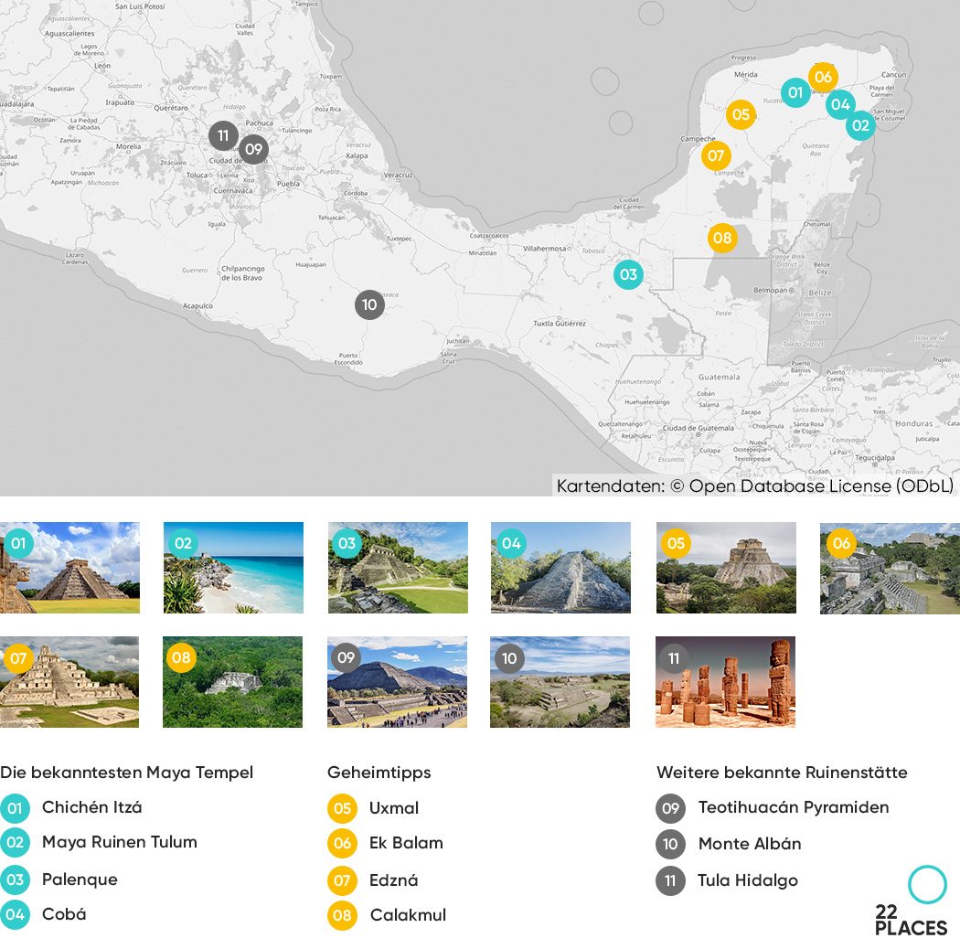 Karte mit den Maya Tempel in Mexiko