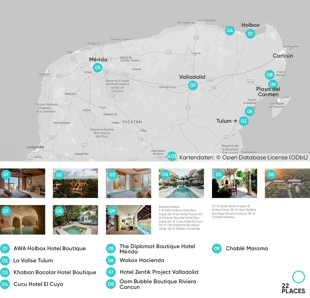 Yucatán Boutique Hotels auf einer Karte