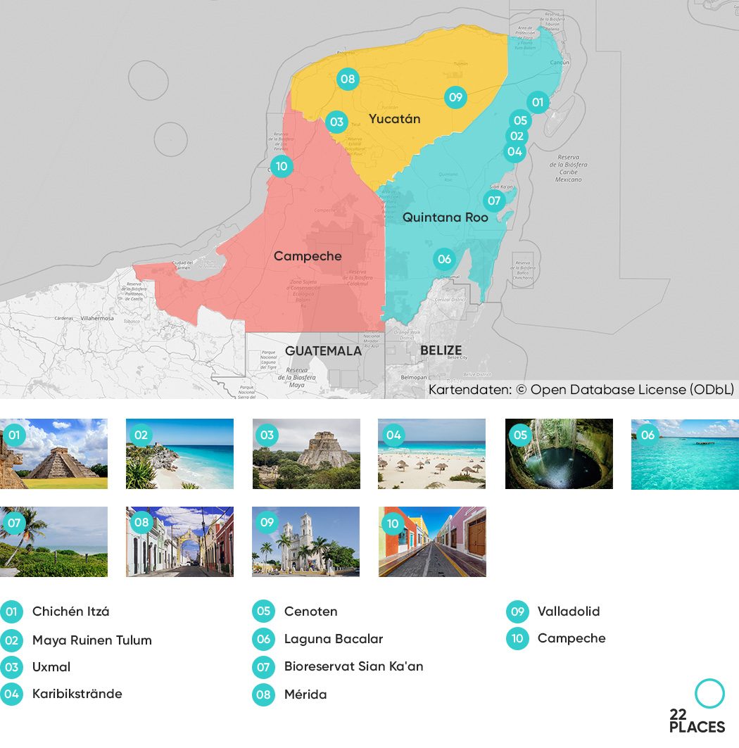 Unsere Karte von Yucatán mit den Regionen und Sehenswürdigkeiten