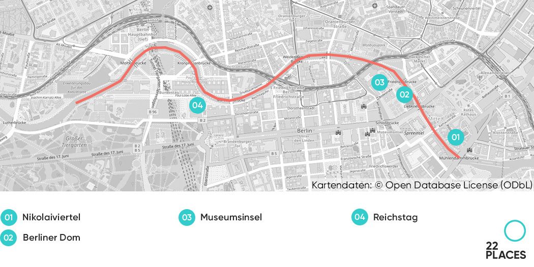 Die klassische Spreefahrt durch Berlin auf einer Karte