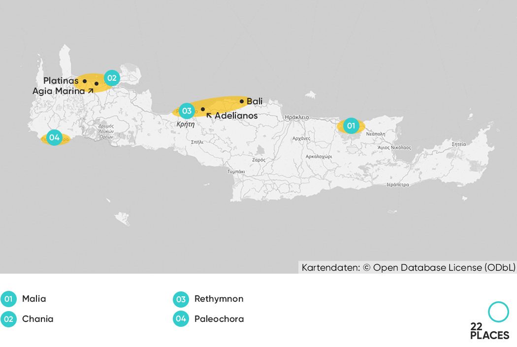 Eine Karte von Kreta zeigt, wo du auf Kreta am besten übernachten kannst
