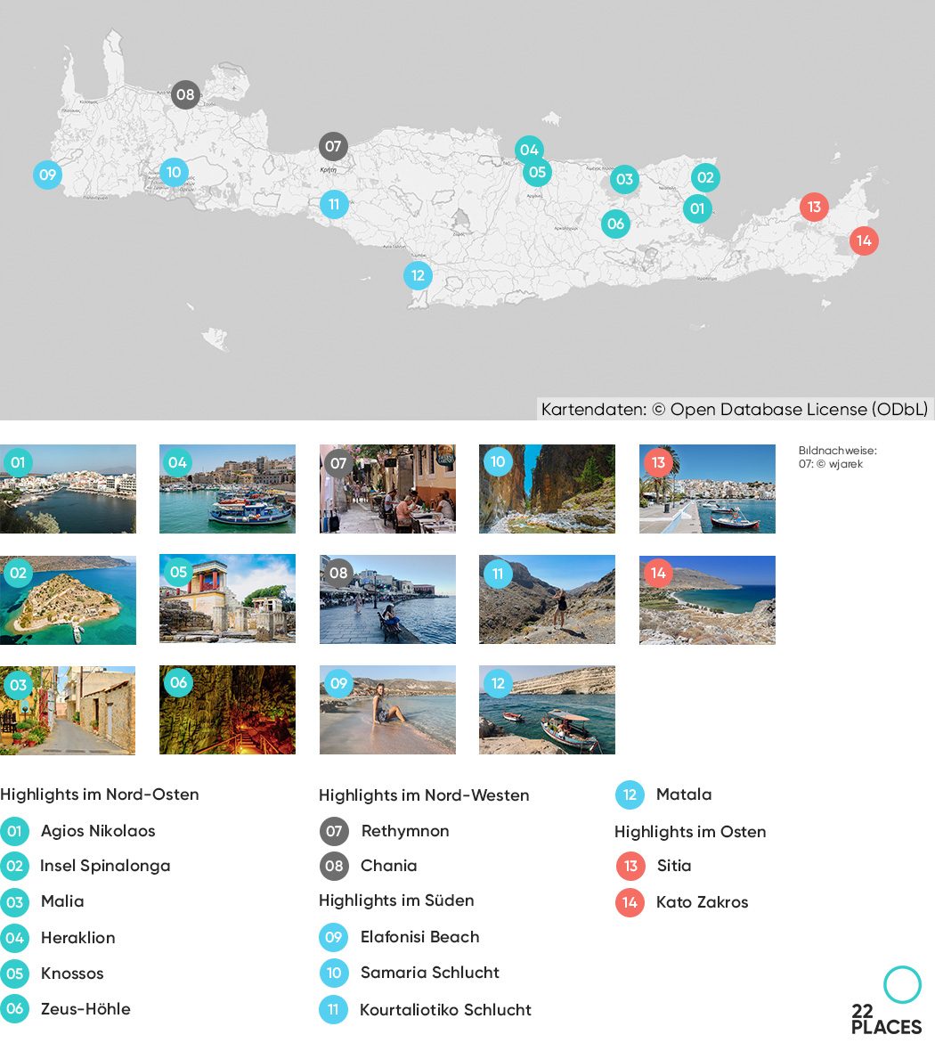 Eine Karte mit den wichtigsten Sehenswürdigkeiten auf Kreta