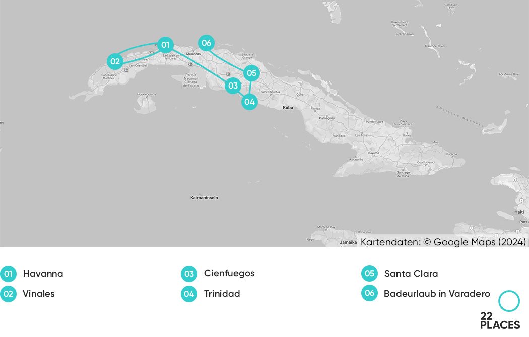 Unsere Reiseroute für eine 2 Wochen Rundreise in Kuba auf einer Karte