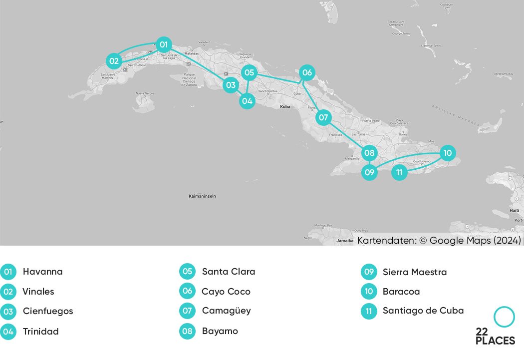 Unsere Reiseroute für eine 3 Wochen Rundreise in Kuba auf einer Karte