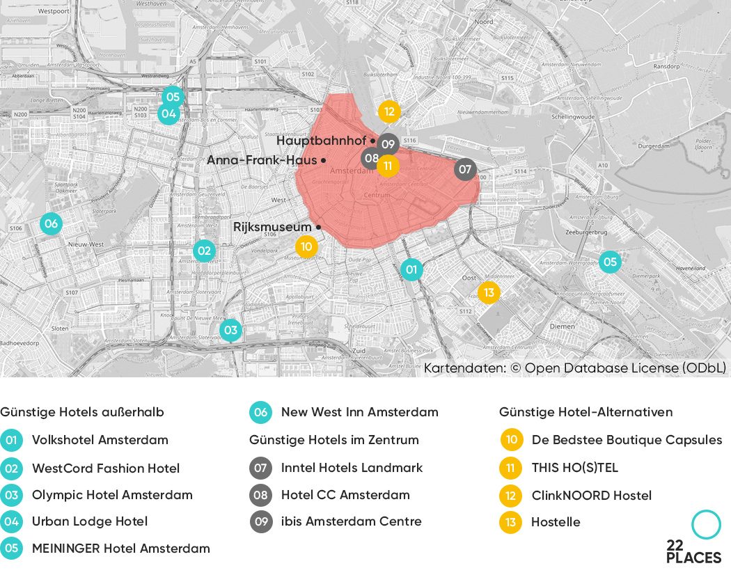 Günstige Hotels in Amsterdam auf der Karte
