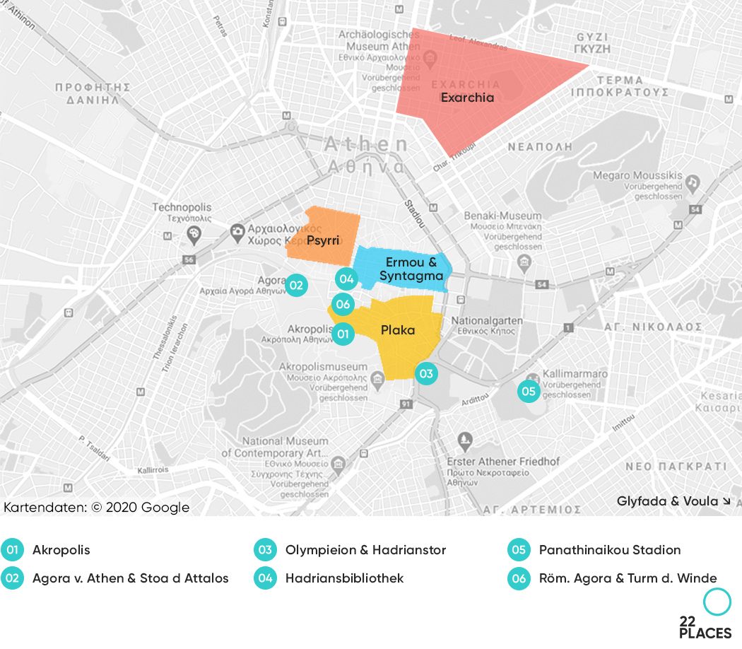 Die besten Stadtteile zum Übernachten in Athen auf einer Karte