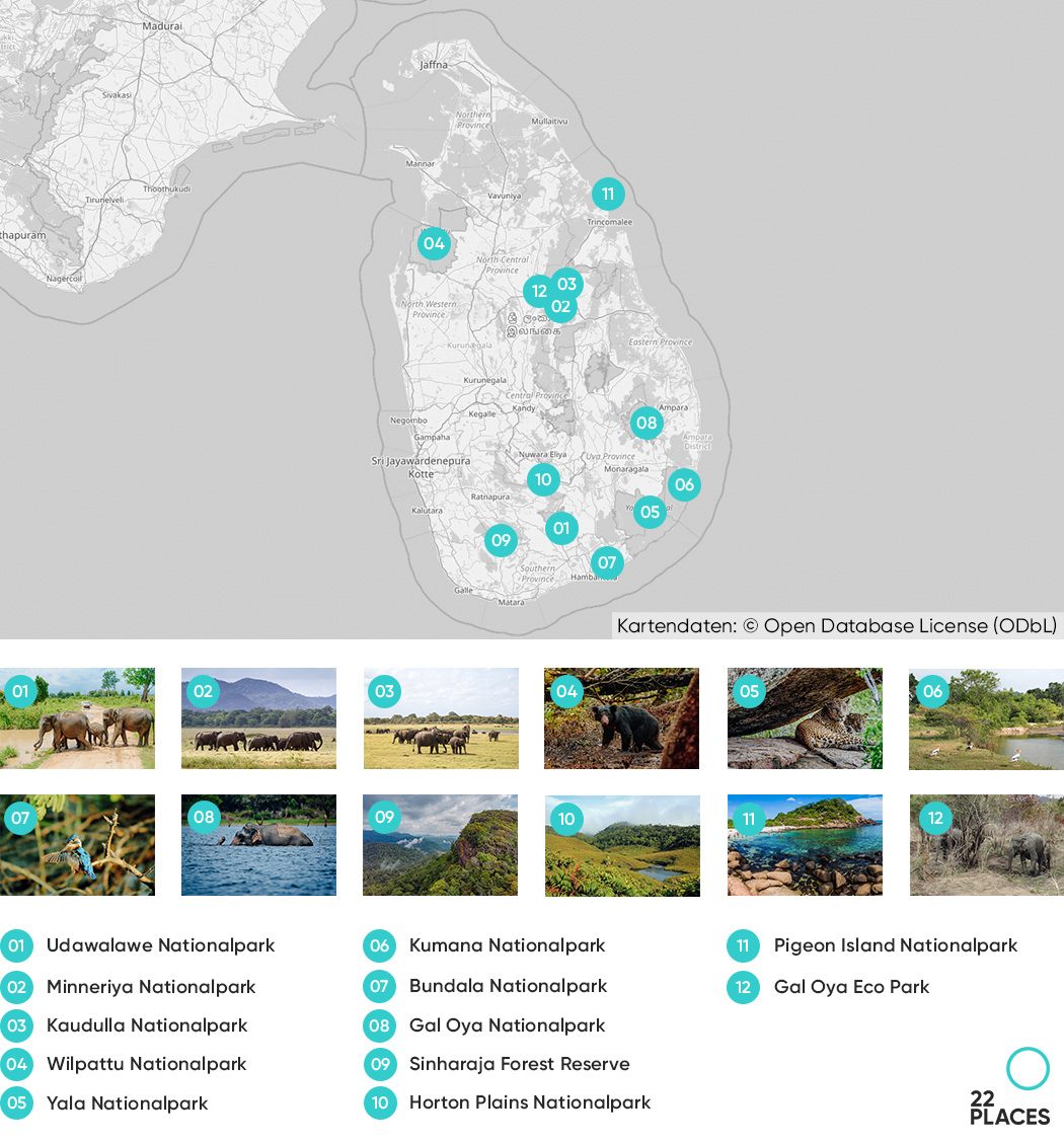 Unsere Top 12 Nationalparks in Sri Lanka auf einer Karte